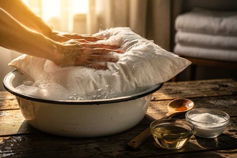 Comment laver à la main un oreiller en plumes jauni ?